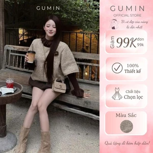 Set áo váy dạ GUMIN thiết kế áo khoác dạ tay bồng mix áo len cổ phối bèo kèm chân váy bồng bí tiểu thư sang trọng