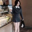 Set áo váy dạ GUMIN thiết kế áo phối cổ trắng bẻ vạt chéo cúc cài eo tôn dáng thanh lịch kèm chân váy dáng ngắn xẻ vạt s