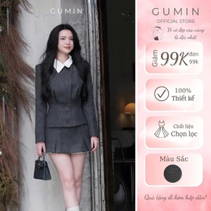Set áo váy dạ GUMIN thiết kế áo phối cổ trắng bẻ vạt chéo cúc cài eo tôn dáng thanh lịch kèm chân váy dáng ngắn xẻ vạt s