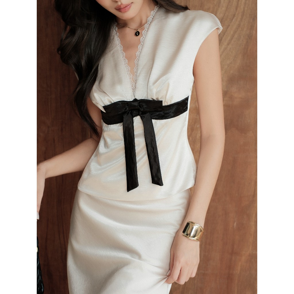Set Bộ Lụa Nữ Áo Phối Nơ Kèm Chân Váy Silky Miều Est.2013 Dự Tiệc Sang Trọng Phối Nơ