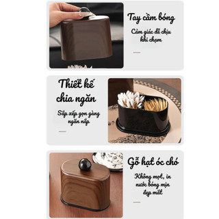 Lọ Đựng Tăm Giả Vân Gỗ Óc Chó Tự Nhiên MAISON, Hộp Tăm Bông Để Bàn Vintage Decor Phòng Khách, Bàn Trang Điểm