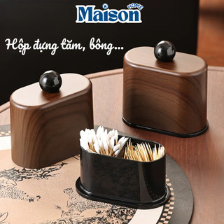 Lọ Đựng Tăm Giả Vân Gỗ Óc Chó Tự Nhiên MAISON, Hộp Tăm Bông Để Bàn Vintage Decor Phòng Khách, Bàn Trang Điểm