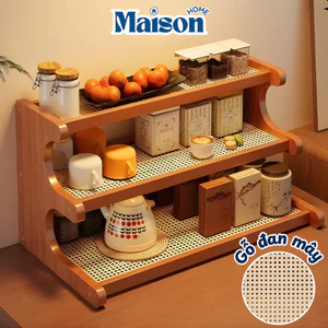 Kệ Đựng Ly Cốc Để Bàn Gỗ Đan Mây Phong Cách Vintage MAISON Giá Để Đồ Đa Năng Nhiều Tầng Decor Bàn Làm Việc