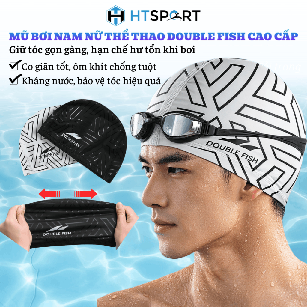 Mũ Bơi Nam Nữ Double Fish, Nón Bơi Người Lớn Trùm Đầu Chất Liệu Cao Cấp Chống Nước Chính Hãng