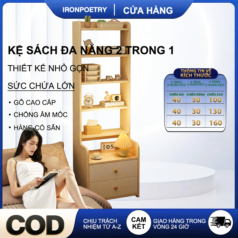 IRONPO Kệ Sách Gỗ 4/5/6 Tầng Có Ngăn Kéo - Tủ Đầu Giường Decor Gỗ MDF Cao Cấp Tiết Kiệm Diện Tích
