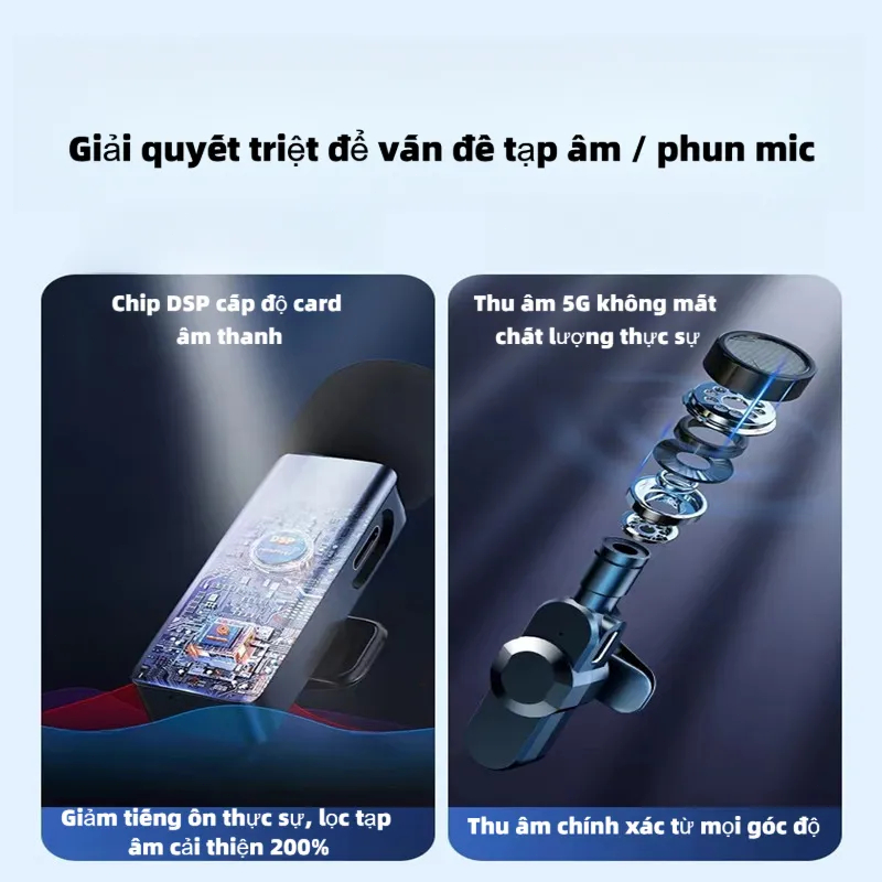 Micro không dây lọc ồn, nhỏ gọn cài áo, tương thích đa thiết bị thu âm và quay hình