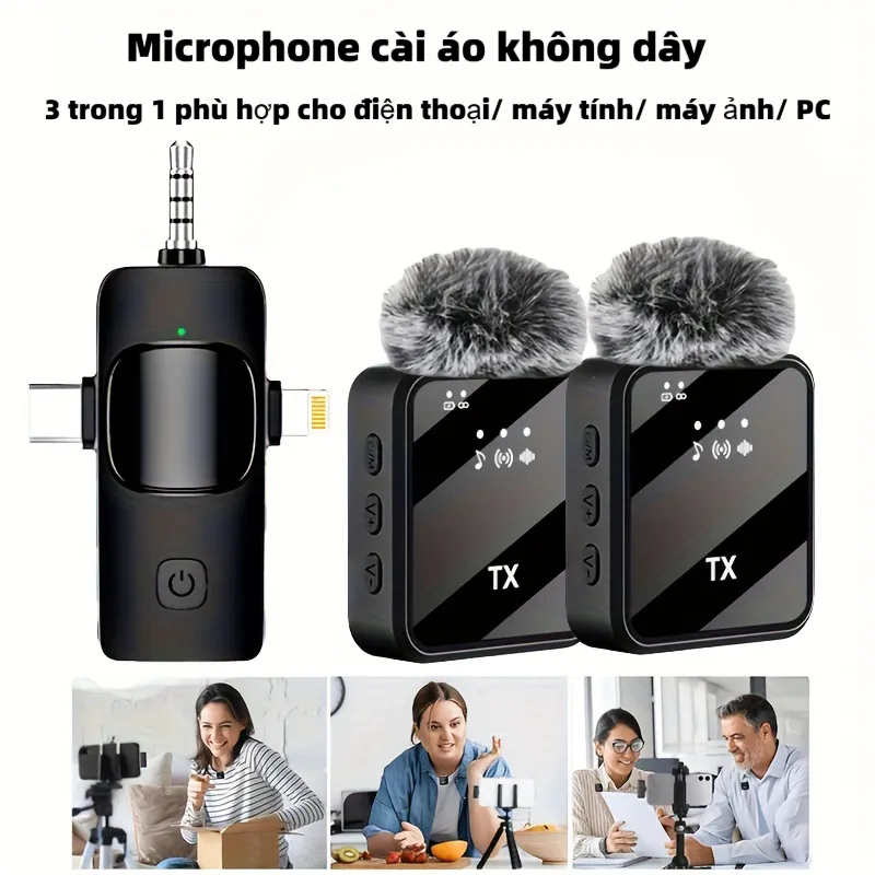 Micro không dây lọc ồn, nhỏ gọn cài áo, tương thích đa thiết bị thu âm và quay hình