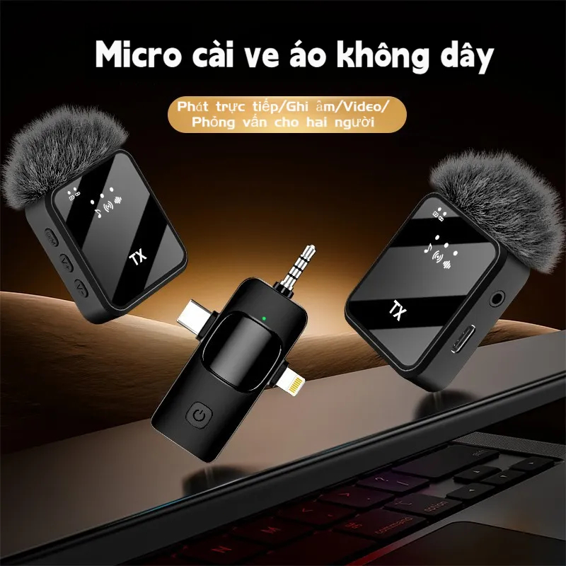 Micro không dây lọc ồn, nhỏ gọn cài áo, tương thích đa thiết bị thu âm và quay hình