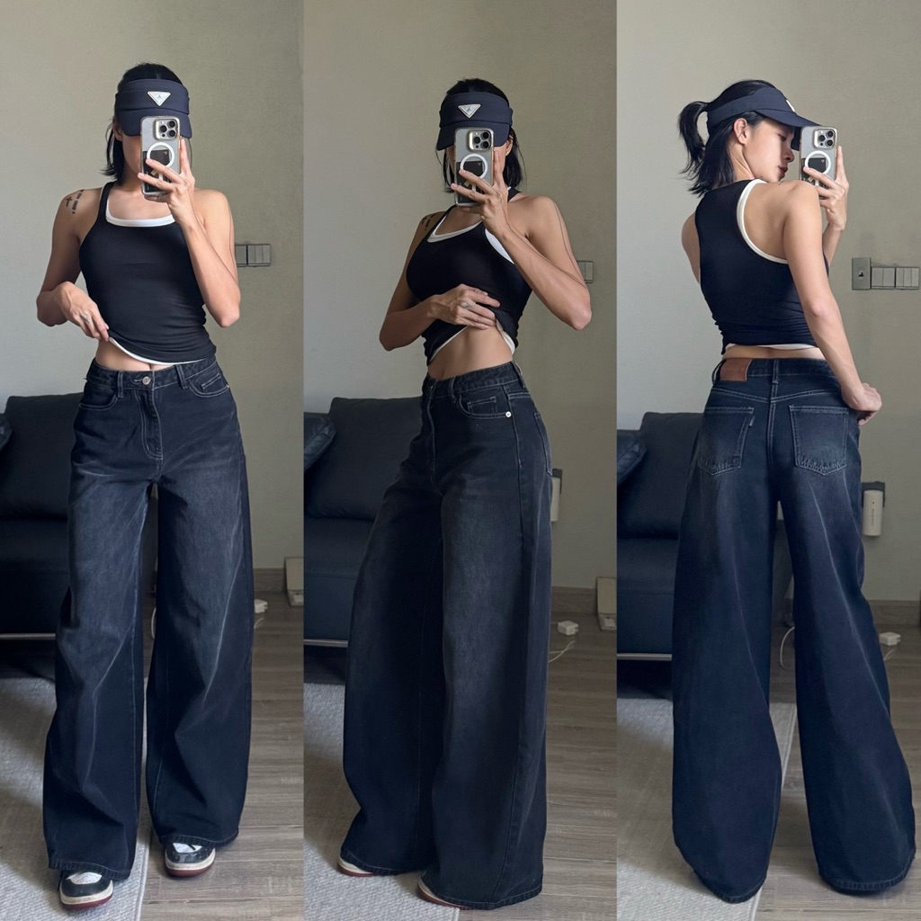 MIDDUA - JN176 Quần suông ống rộng denim, lưng cao