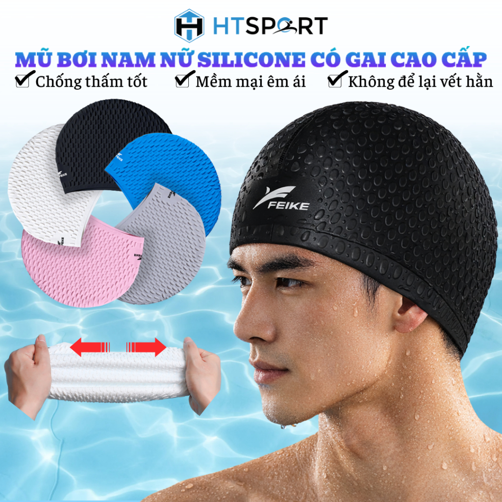 Mũ Bơi Nam Nữ Feike Silicone Có Gai, Nón Bơi Người Lớn Trùm Đầu Chất Liệu Silicon Cao Cấp Chống Nước
