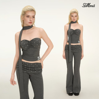 MONÁ - Set đồ nữ Áo croptop cúp ngực ôm dáng Quần ống loe phối chấm bi - ORCHID