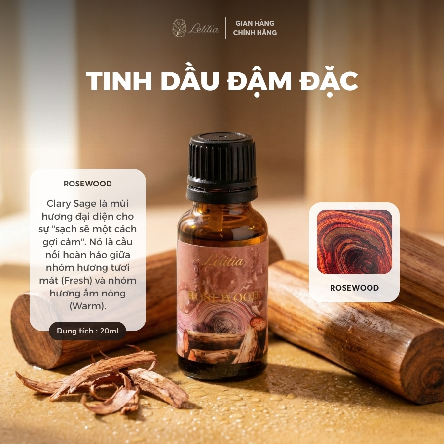 Tinh Dầu Đậm Đặc Nước Hoa Letitia  - Rose Wood Hương (Gỗ Hồng) Giúp Thư Giãn & Dễ Ngủ Size 20ml