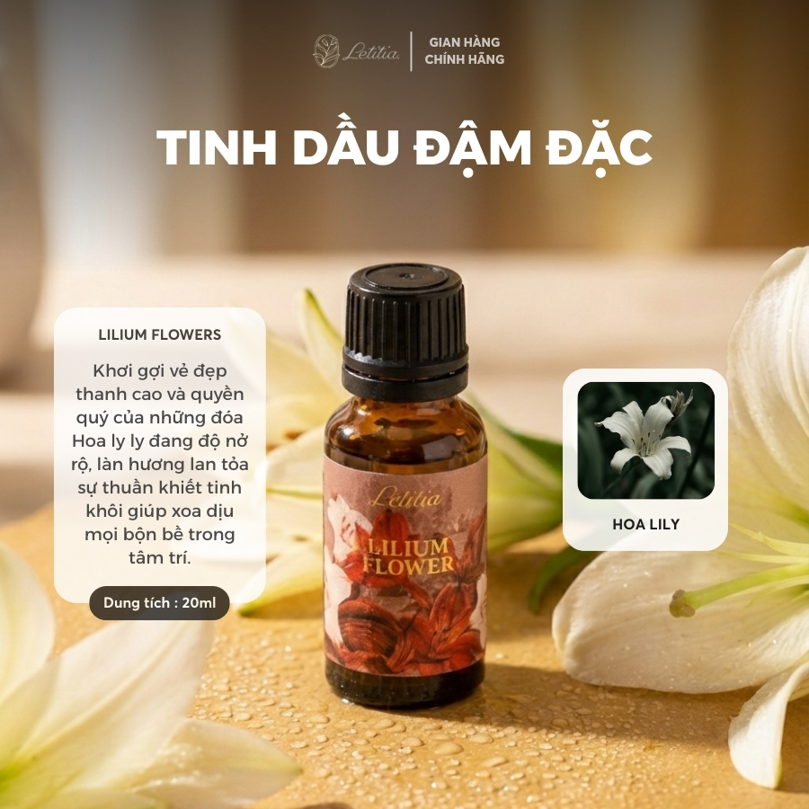 Tinh Dầu Đậm Đặc Letitia - Lilyum Flower (Hoa Ly / Hoa Bách hợp) Giúp Thư Giãn & Dễ Ngủ, Size 20ml