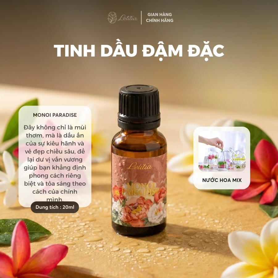 Tinh Dầu Đậm Đặc Nước Hoa Letitia - Hương Nước Hoa Monoi Paradise Giúp Thư Giãn & Dễ Ngủ, Size 20ml