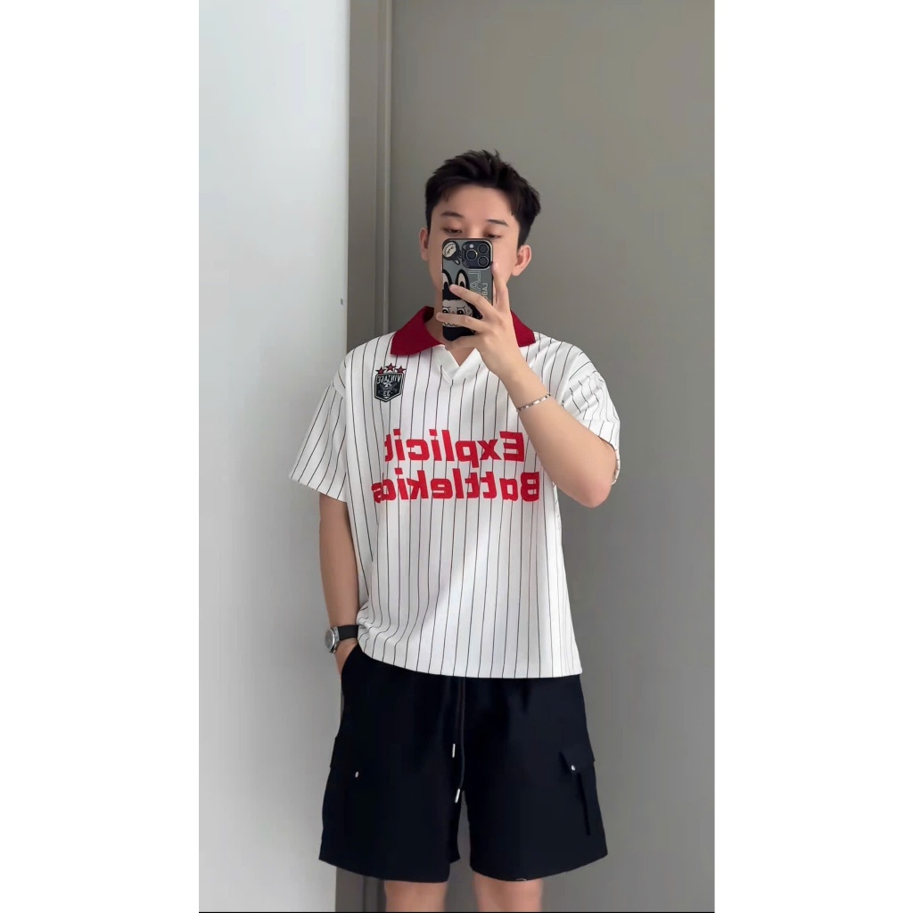 Áo Thun Polo kẻ sọc Battlekids vải thun 2 da mịn mát form rộng boxy oversize nam nữ bigsize