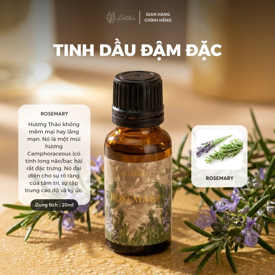 Tinh Dầu Đậm Đặc Nước Hoa Letitia - Rosemary (Hương Thảo) Giúp Thư Giãn & Dễ Ngủ, Size 20ml