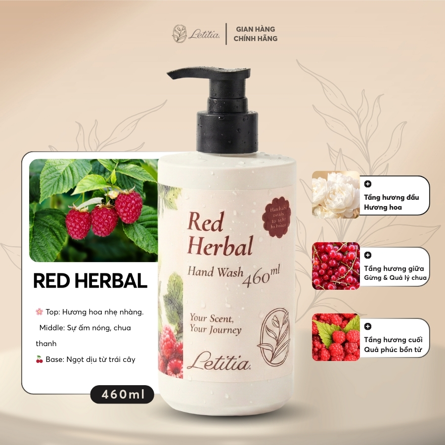 Nước Rửa Tay Thiên Nhiên Red Herbal - Letitia 3 Tầng Hương Thơm Giúp Thanh mát, Thư Giãn Size 460ml
