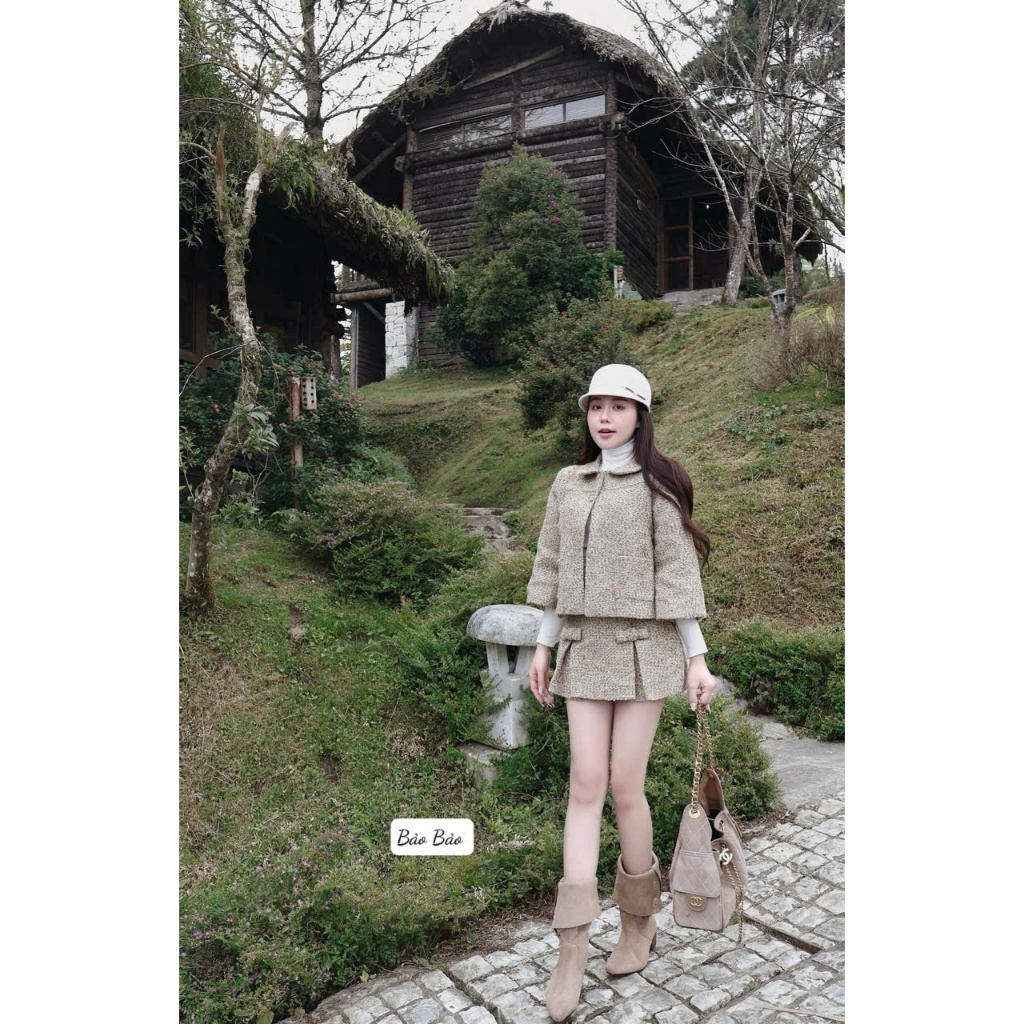 Set Áo Khoác Cổ Sen Tay Lửng Chân Váy Tweed Nữ Cao Cấp Set Váy Tweed Tiểu Thư Sang Trọng, Form Chuẩn Dành Cho Nữ Chamie