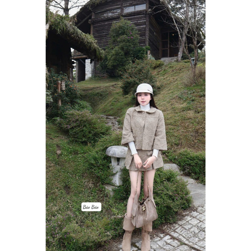 Set Áo Khoác Cổ Sen Tay Lửng Chân Váy Tweed Nữ Cao Cấp Set Váy Tweed Tiểu Thư Sang Trọng, Form Chuẩn Dành Cho Nữ Chamie