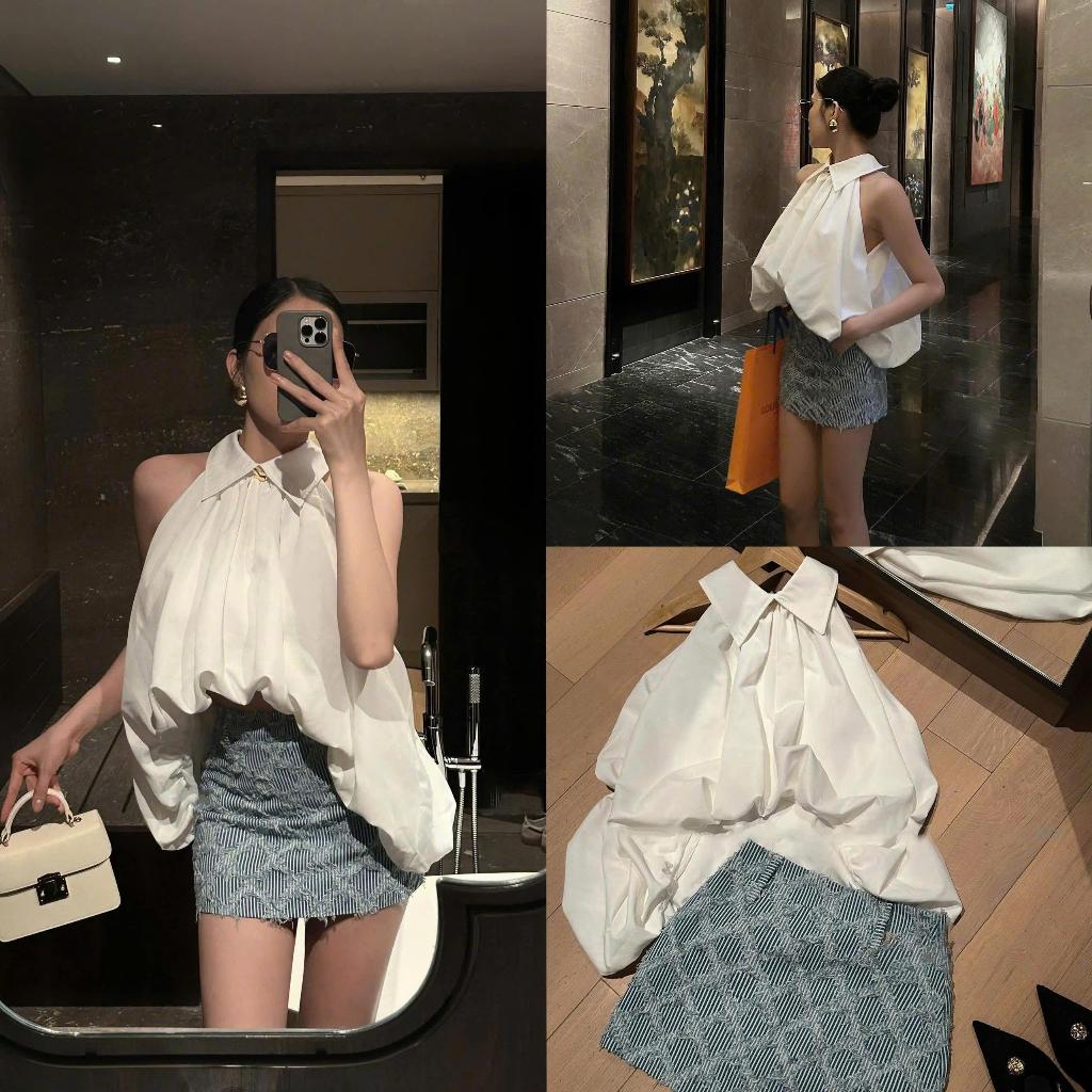 Set Áo Cổ Yếm Bẻ Sát Nách Dáng Phồng Kèm Chân Váy Ngắn Xanh Họa Tiết, Bộ Đồ Nữ Đi Chơi - CHAMIE STUDIO