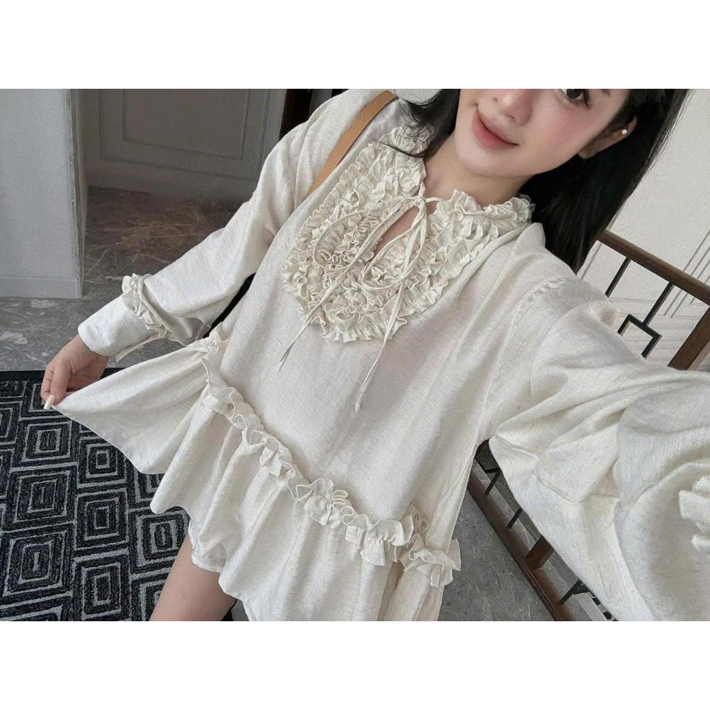 Set BBD tiểu thư dài tay họa tiết nhún phối quần cộc cạp chun dành cho nữ by Chamie