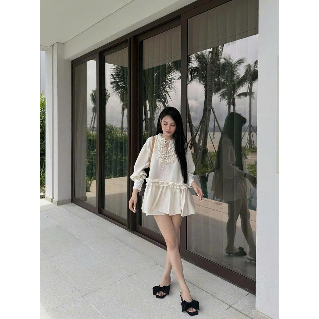 Set BBD tiểu thư dài tay họa tiết nhún phối quần cộc cạp chun dành cho nữ by Chamie