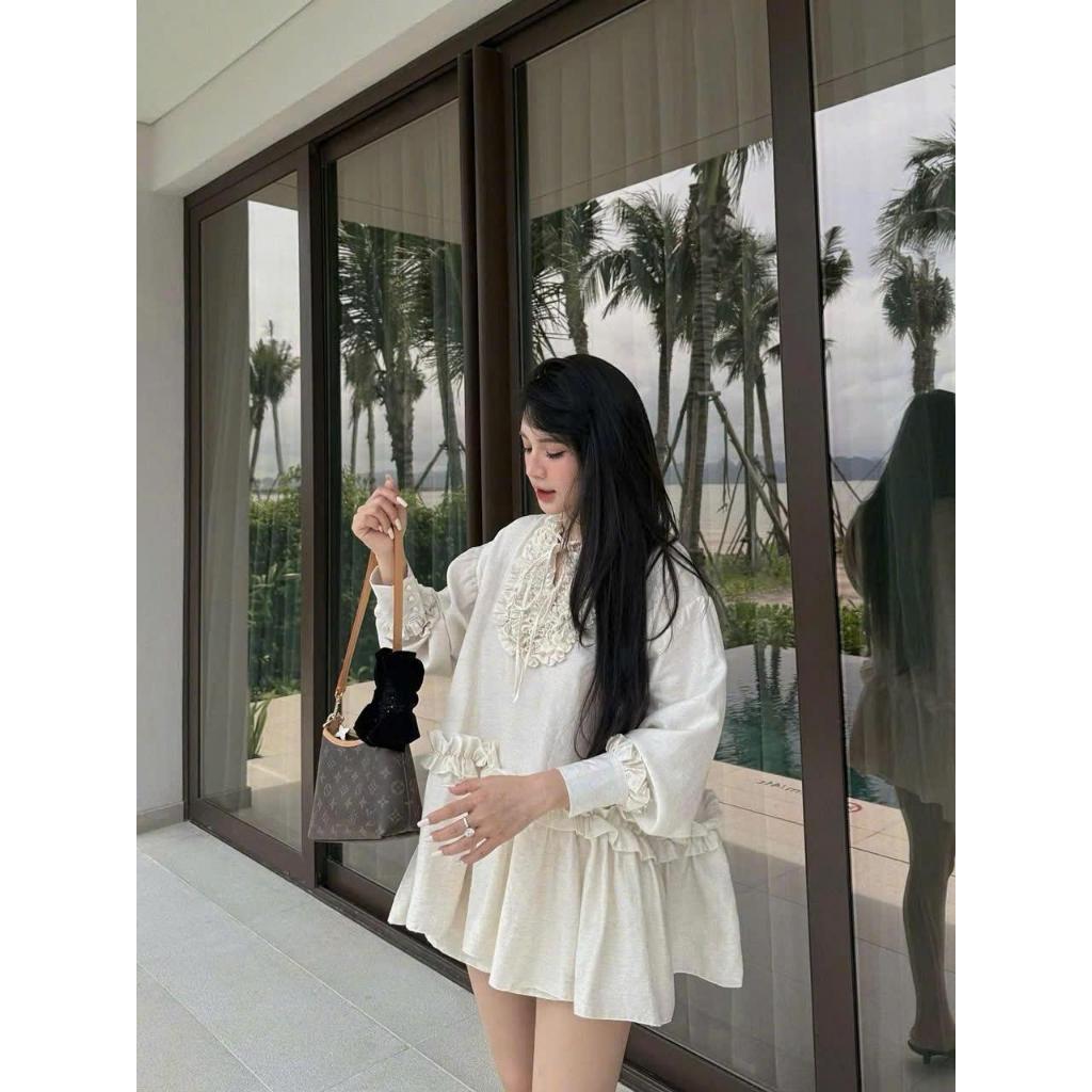 Set BBD tiểu thư dài tay họa tiết nhún phối quần cộc cạp chun dành cho nữ by Chamie