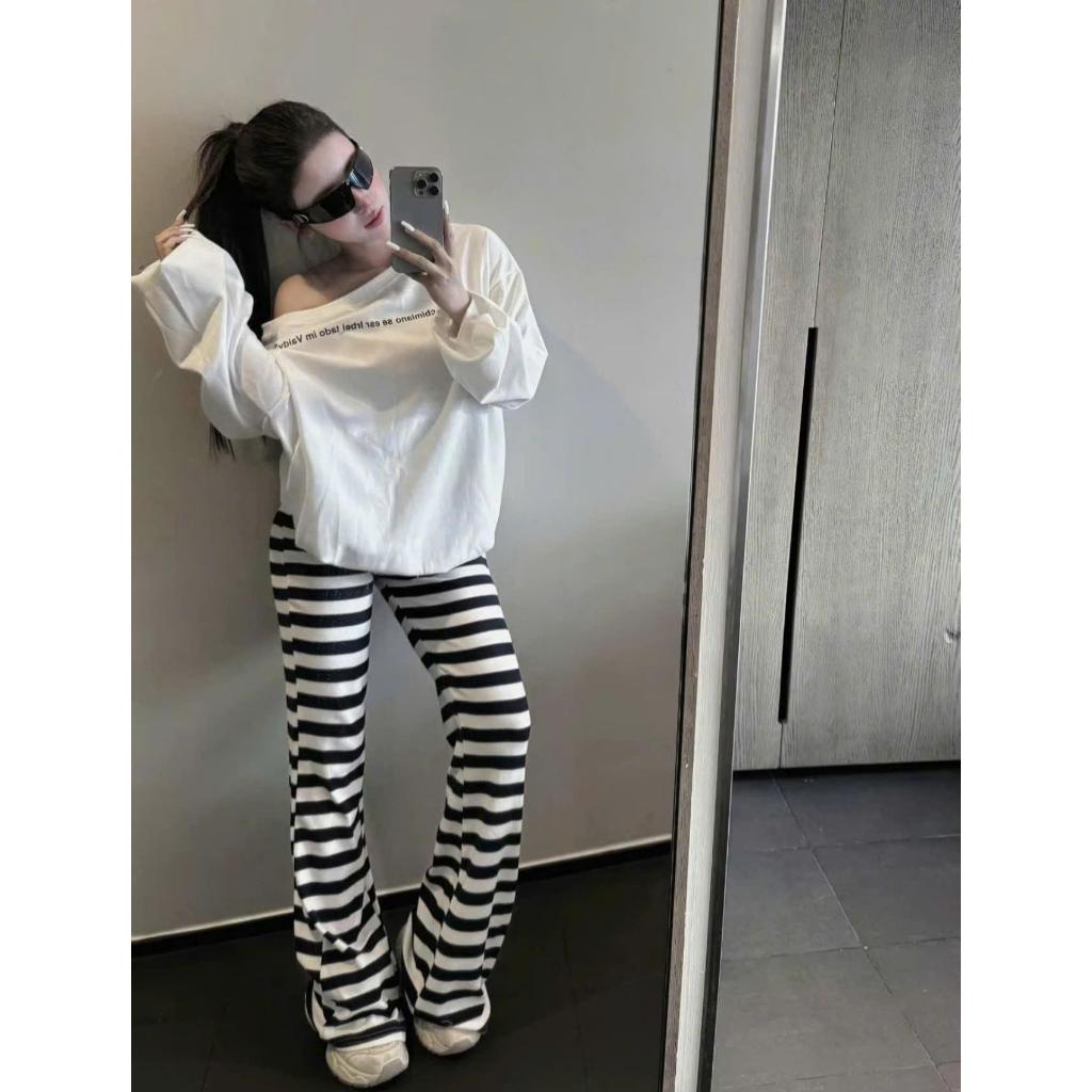 Set Bộ Thun Nữ Áo Trễ Vai Tay Dài Kèm Quần Loe Kẻ Sọc Ngang, Set Đồ Nữ Mặc Nhà Đi Cafe Dạo Phố Tôn Dáng - CHAMIE STUDIO