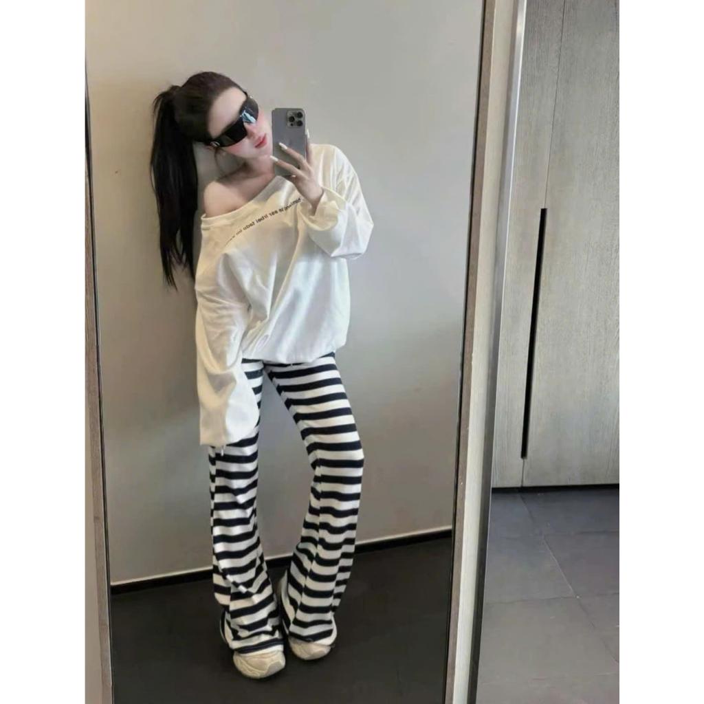 Set Bộ Thun Nữ Áo Trễ Vai Tay Dài Kèm Quần Loe Kẻ Sọc Ngang, Set Đồ Nữ Mặc Nhà Đi Cafe Dạo Phố Tôn Dáng - CHAMIE STUDIO