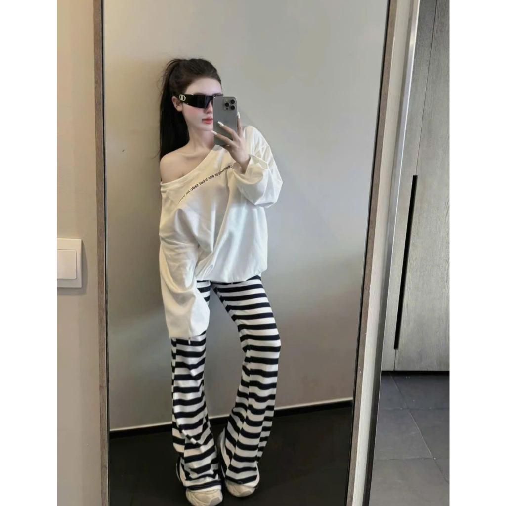 Set Bộ Thun Nữ Áo Trễ Vai Tay Dài Kèm Quần Loe Kẻ Sọc Ngang, Set Đồ Nữ Mặc Nhà Đi Cafe Dạo Phố Tôn Dáng - CHAMIE STUDIO