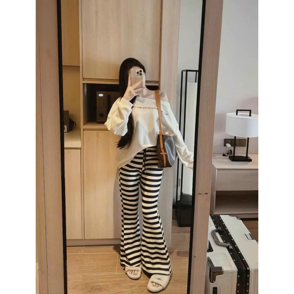 Set Bộ Thun Nữ Áo Trễ Vai Tay Dài Kèm Quần Loe Kẻ Sọc Ngang, Set Đồ Nữ Mặc Nhà Đi Cafe Dạo Phố Tôn Dáng - CHAMIE STUDIO