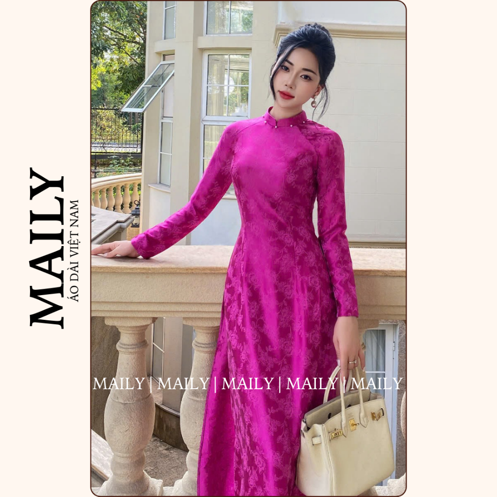 Áo Dài Mộc Cẩm Form Truyền Thống, Chất Gấm Mềm Mại Thiết Kế Cổ Cao Tay Dài Nữ Tính - ÁO DÀI MAILY
