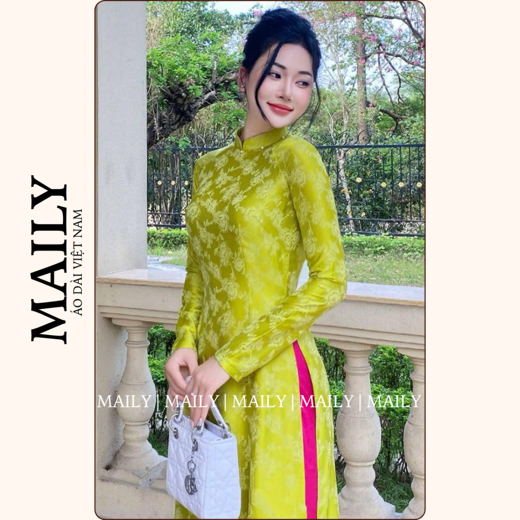 Áo Dài Mộc Cẩm Form Truyền Thống, Chất Gấm Mềm Mại Thiết Kế Cổ Cao Tay Dài Nữ Tính - ÁO DÀI MAILY