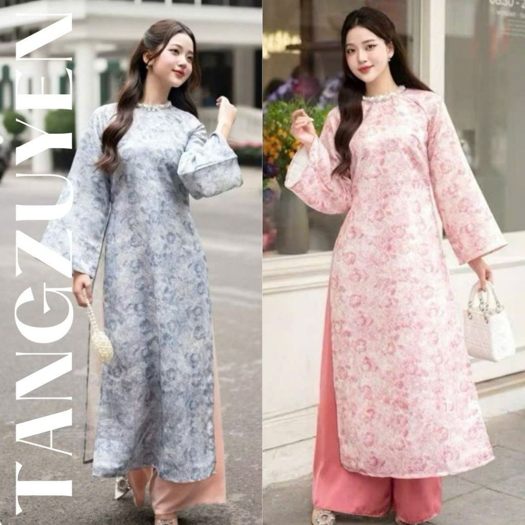 Set áo dài suông cổ tròn đính kim sa tay lỡ gấm loang dệt cách tân hồng xanh pastel + Quần dài ống rộng trẻ trung T1490G