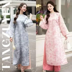 Set áo dài suông cổ tròn đính kim sa tay lỡ gấm loang dệt cách tân hồng xanh pastel + Quần dài ống rộng trẻ trung T1490G