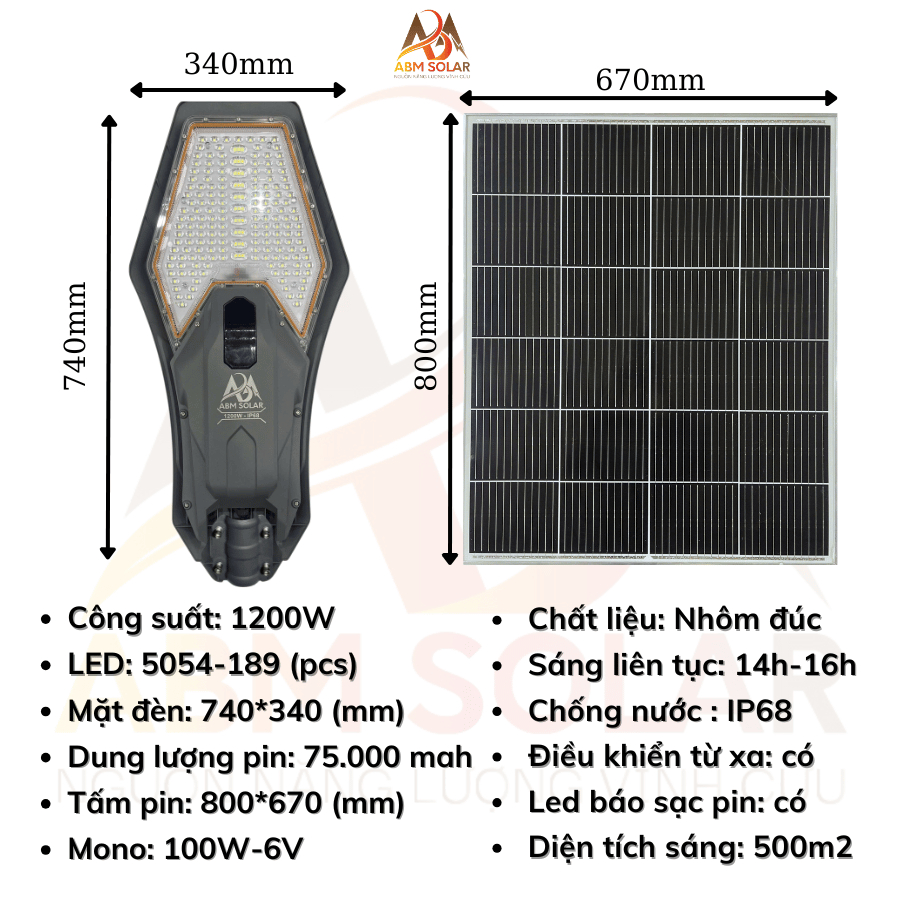 [1200W] Đèn Năng Lượng Mặt Trời Phi Thuyền, Ánh Sáng Trắng, Nhôm Đúc Nguyên Khối, Chiếu Sáng Đường Phố ABM SOLA