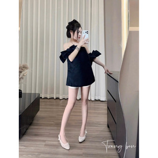 Áo nữ trễ vai nơ xinh diện chơi mix quần sooc trẻ trung a4