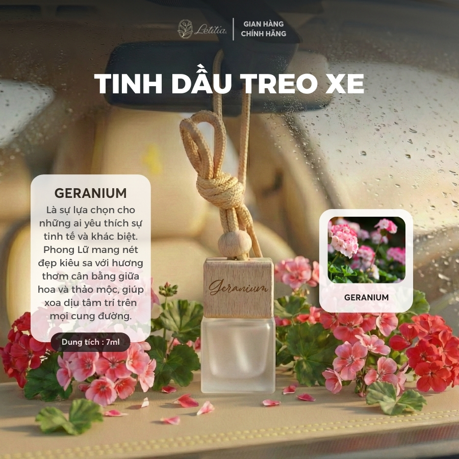 Tinh Dầu Nước Hoa Treo Xe / Tủ Quần Áo Letitia Hương Geranium (Hoa Phong Lữ) Khử Mùi, Chống Say Xe