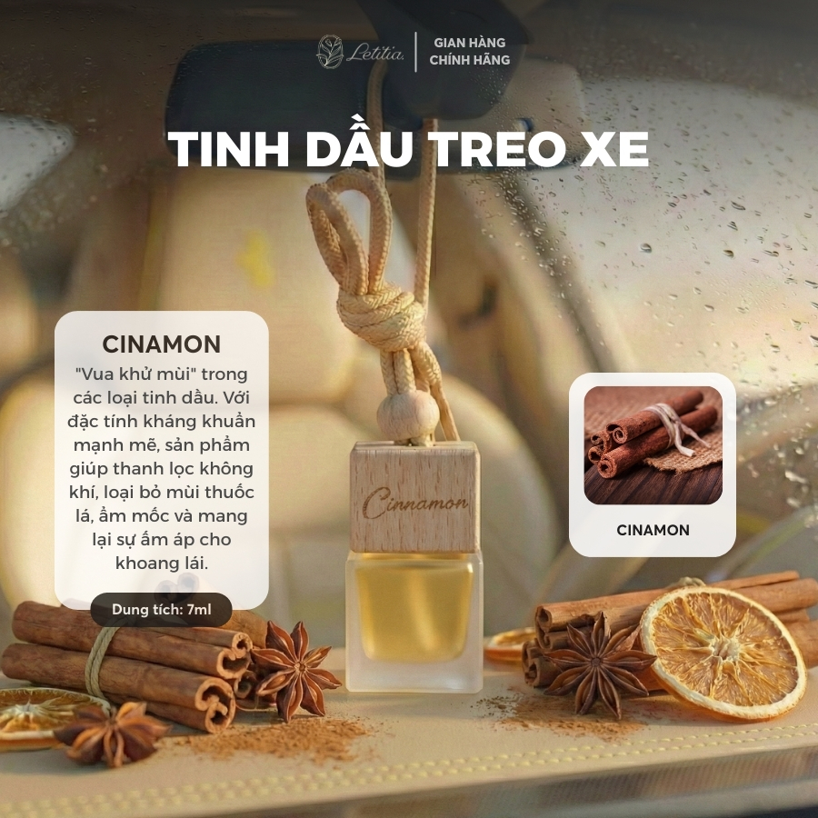 Tinh Dầu Nước Hoa Treo Xe / Tủ Quần Áo Letitia Hương Cinnamon (Quế) Giúp Khử Mùi, Chống Say Xe