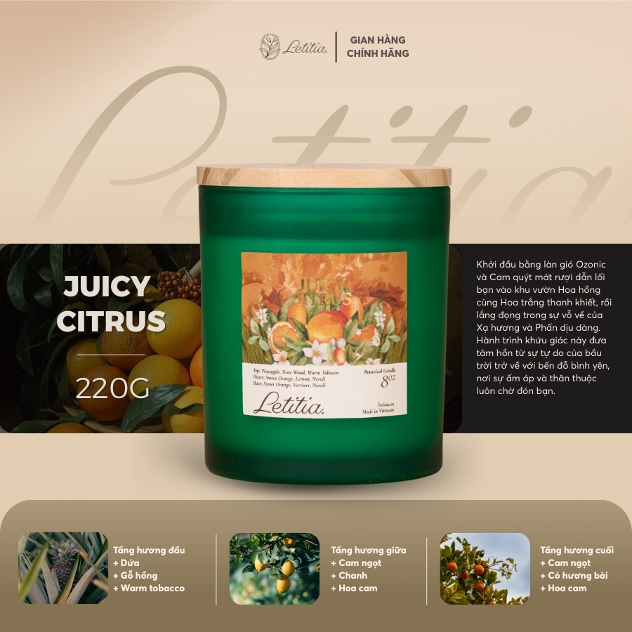 Nến Thơm Cao Cấp Letitia Juicy Citrus Hương Hoa Cam Thanh Mát Giúp Thư Giãn 3 Size 130gr/220gr/300gr