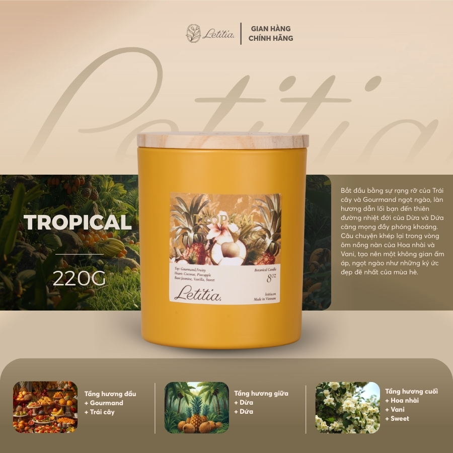 [TẶNG TÚI QUÀ] Nến thơm Cao Cấp Letitia Tropical Hương Trái Cây Nhiệt Đới Thanh Ngọt Giúp Thư Giãn 3 Size 130/220gr