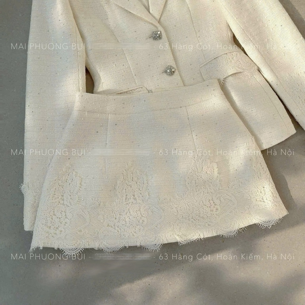 Set áo vest khuy đá chân váy viền ren mai phương bùi