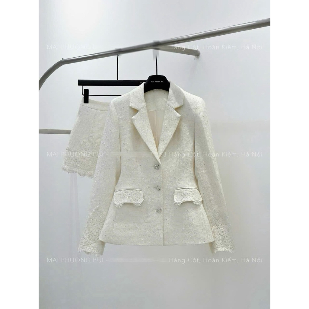 Set áo vest khuy đá chân váy viền ren mai phương bùi