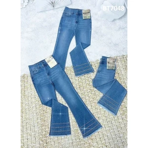 Quần jeans Nữ Lưng Cao Ống Loe Dài Thêu Đính Đá thời Trang CO giãn 4 Chiều