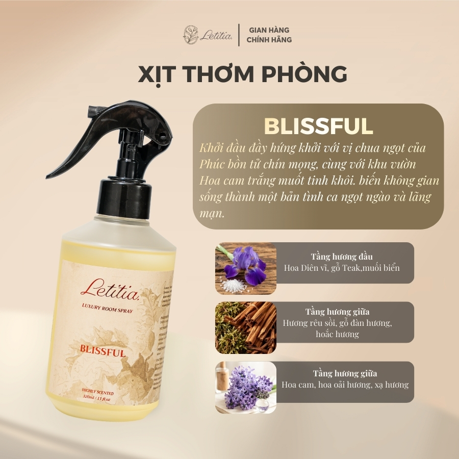 Bình Tinh Dầu Xịt Thơm Phòng Cao Cấp Letitia Hương Blissful Giúp Thơm Phòng Và Quần Áo Size 320ml