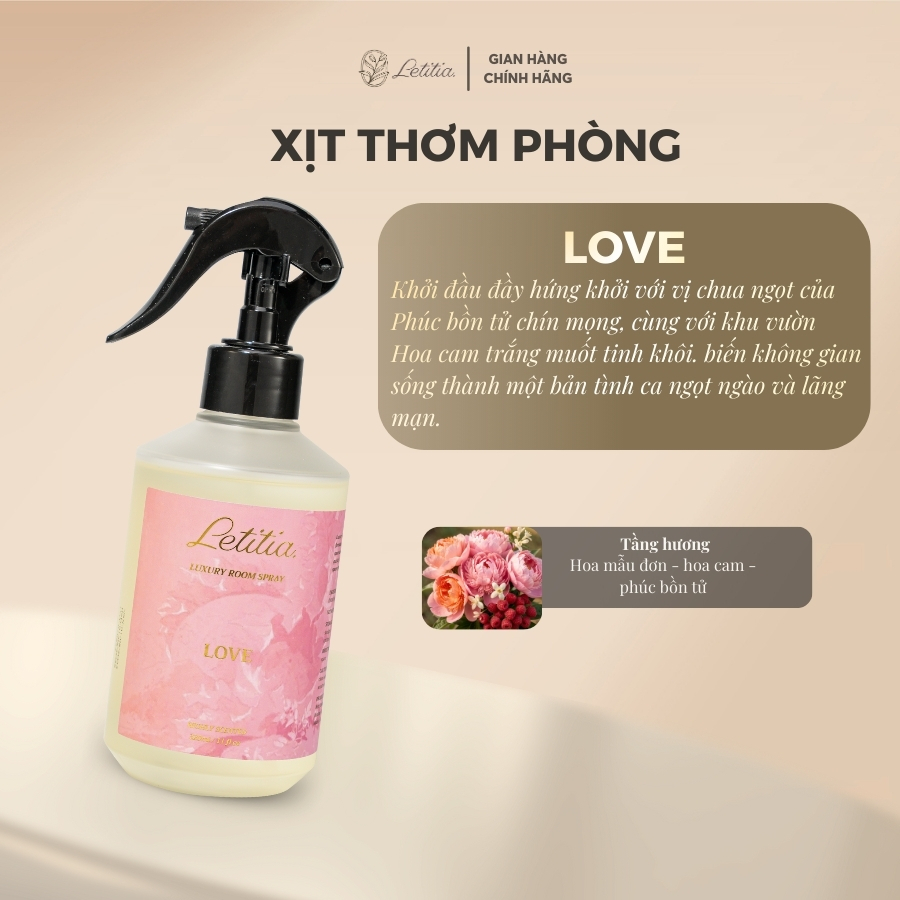 Bình Tinh Dầu Xịt Thơm Phòng Cao Cấp Letitia Hương Love Giúp Thơm Phòng Và Quần Áo Size 320ml