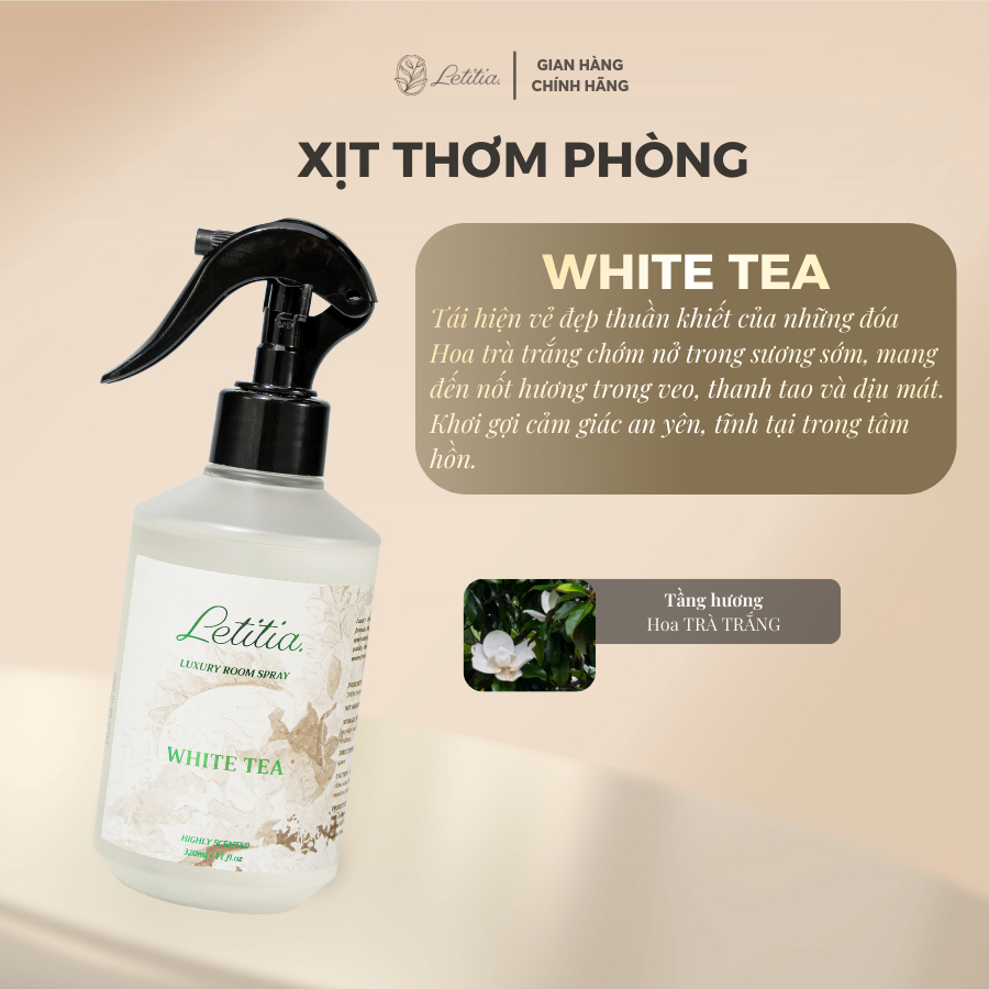 Bình Tinh Dầu Xịt Thơm Phòng Cao Cấp Letitia White Tea Giúp Thơm Phòng Và Quần Áo Size 320ml