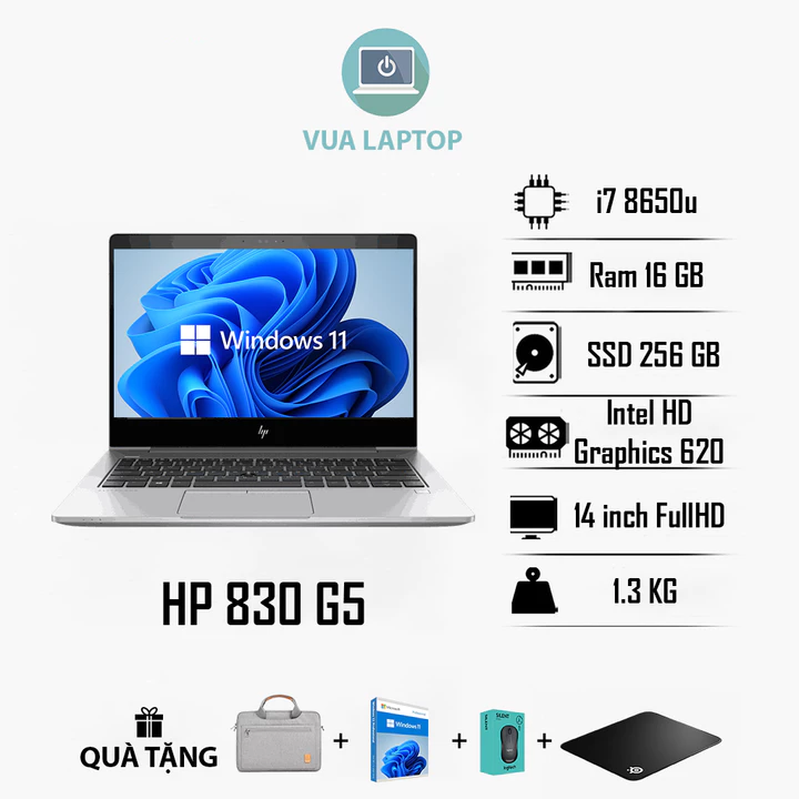 Laptop HP Elitebook 830 G5 - Core i7 8650U | RAM 8GB | SSD 256GB | Màn 13.3" FHD | Vỏ Nhôm Sang Trọng, Mỏng Nhẹ 99%