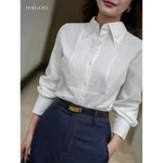 Áo sơ mi nữ HAGOO cổ đức bổ cầu ngực bấm mí 2 màu Xanh Trắng phong cách thanh lịch [ A8099 ] — ảnh 5