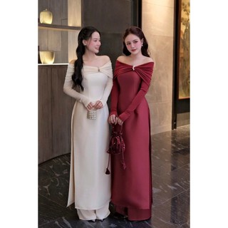 Áo dài trễ vai tay dài đính charm ngọc trai